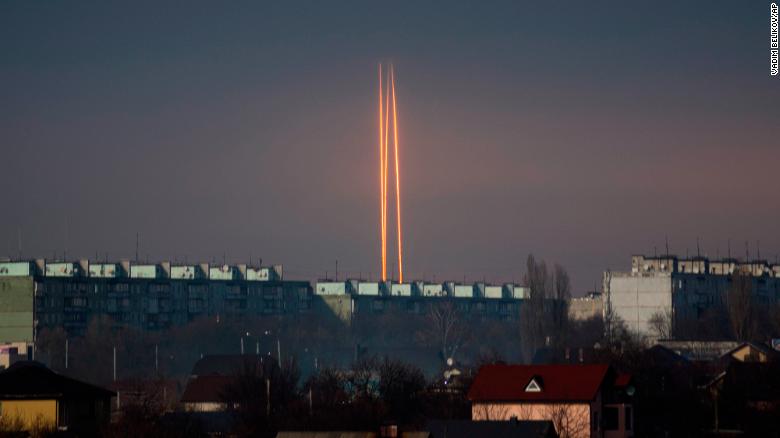 Three Russian rockets launched against Ukraine from Russia&#39;s Belgorod region are seen at dawn in Kharkiv, Ukraine, March 9. 