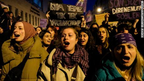 Protesters in Istanbul shout slogans during a rally on Wednesday, where demonstrators called their movement a &quot;feminist rebellion.&quot;