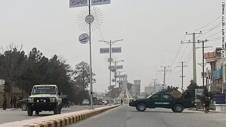 Taliban security personnel block a road in Mazar-i-Sharif, Balkh province, after a blast at the governor&#39;s office on March 9, 2023.