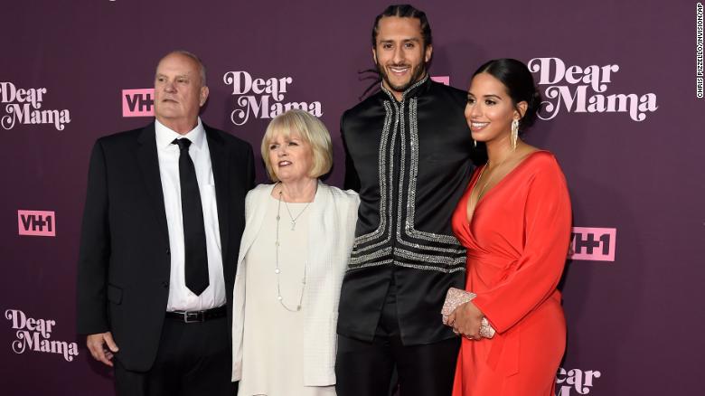 Kaepernick, second right, is pictured with his parents, from left, Rick and Teresa Kaepernick, and his partner Nessa Diab arriving at the 3rd annual "Dear Mama: A Love Letter to Moms" at The Theatre at Ace Hotel on Thursday, May 3, 2018, in Los Angeles. 