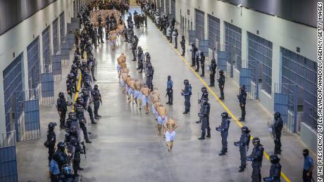 The arrival of inmates belonging to the MS-13 and 18 gangs to the new prison known as &quot;Terrorist Confinement Centre&quot; (CECOT), in Tecoluca on February 25, 2023. 