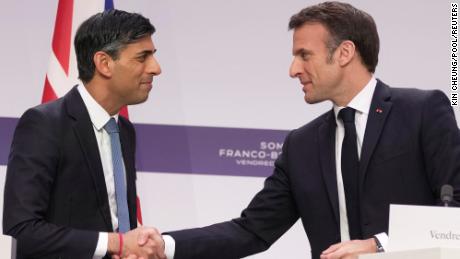 Britain&#39;s Prime Minister Rishi Sunak and French President Emmanuel Macron at the Elysee Palace in Paris on March 10, 2023.