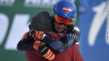 Mikaela Shiffrin celebrates with her brother after making history in Sweden.