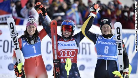 Shiffrin (C) won her 87th World Cup race in style. 