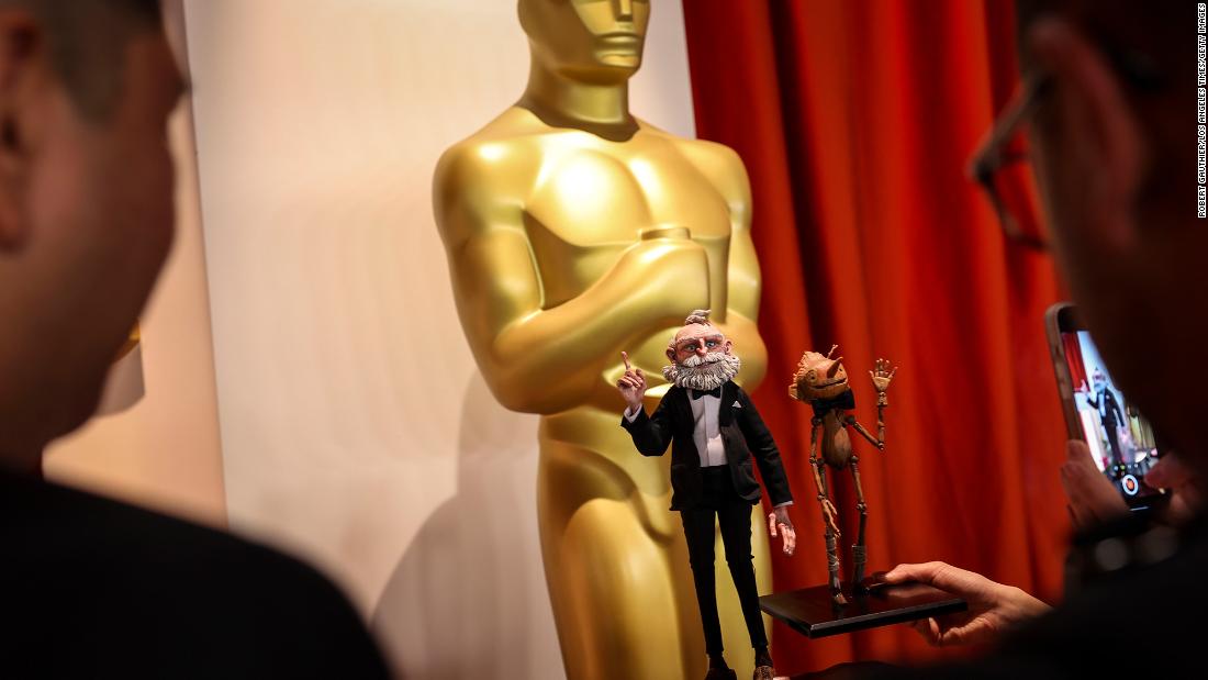 Puppets from &quot;Guillermo del Toro&#39;s Pinocchio&quot; are displayed at the Dolby Theatre. The film later won the Oscar for best animated feature.