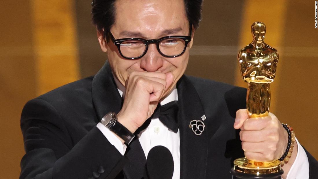 Quan gives a speech after winning the Oscar for best supporting actor. Quan, who won for his role in &quot;Everything Everywhere All at Once,&quot; addressed his 84-year-old mother in his &lt;a href=&quot;https://www.cnn.com/entertainment/live-news/oscars-2023/h_01ec689e05123e42b84b80b06abc221c&quot; target=&quot;_blank&quot;&gt;tearful speech&lt;/a&gt;: &quot;Mom, I just won an Oscar!&quot;