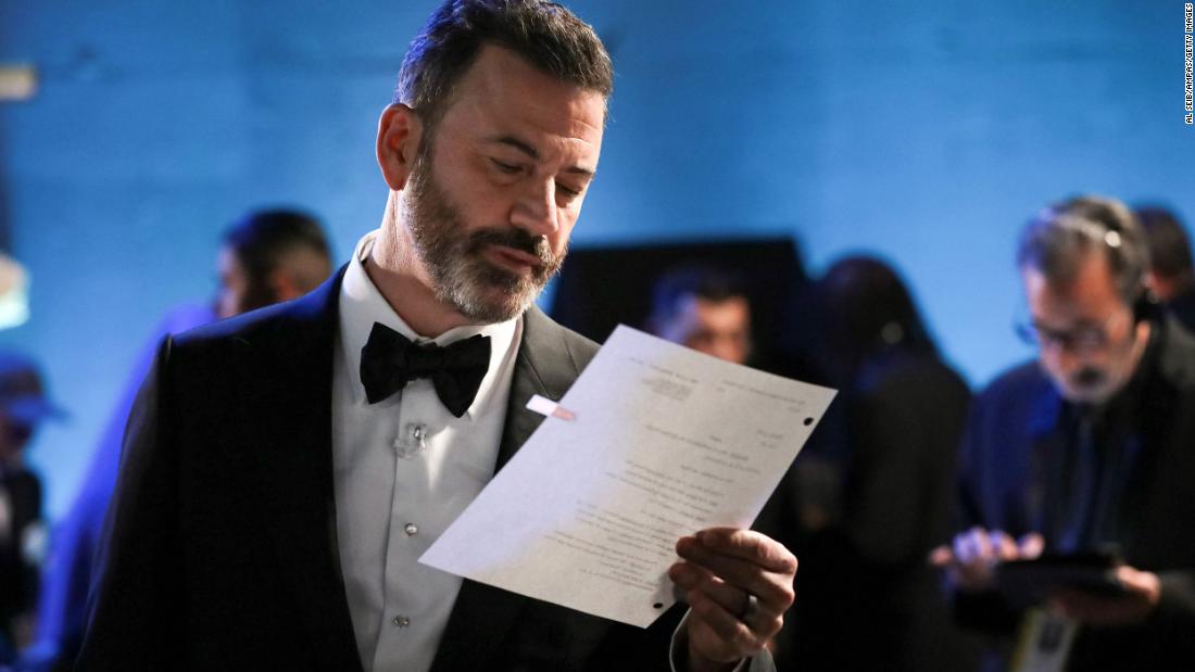 Host Jimmy Kimmel reads something backstage during the show.