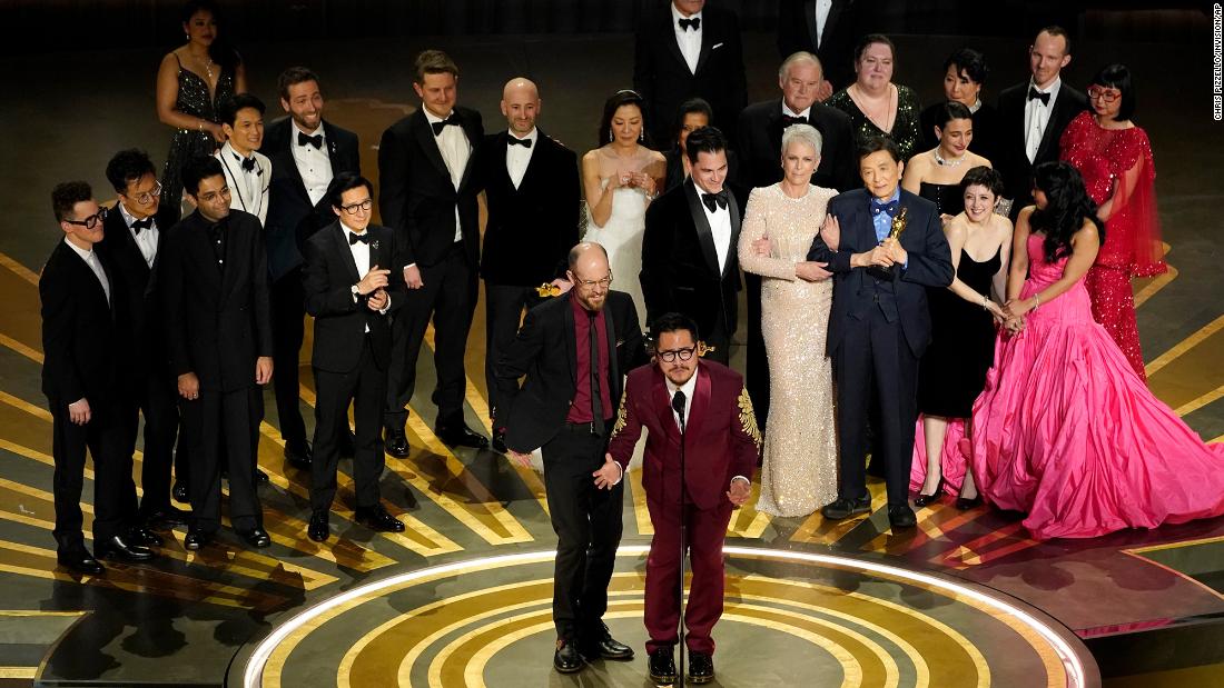 The cast and crew of &quot;Everything Everywhere All at Once&quot; accepts the Academy Award for best picture on Sunday, March 12.