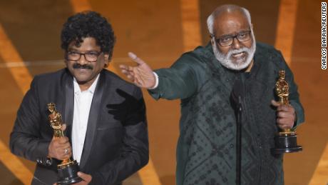 M.M. Keeravani (R) and Chandrabose (L) win the Oscar for Best Original Song for &quot;Naatu Naatu&quot; from &quot;RRR&quot; during the Oscars show at the 95th Academy Awards in Hollywood.