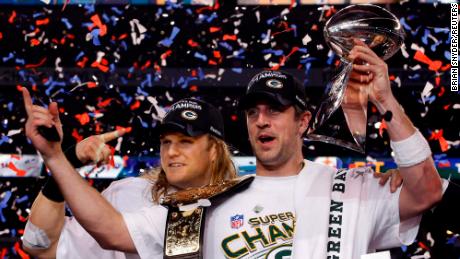 Rodgers celebrates after winning Super Bowl XLV in 2011.