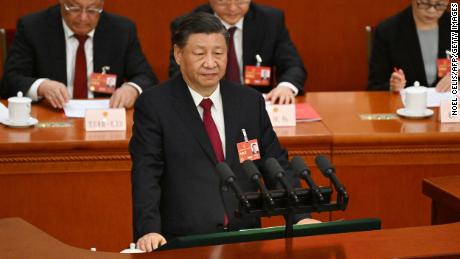 Chinese leader Xi Jinping delivers the first speech of his third term as President at the closing of the National People&#39;s Congress in Beijing on March 13.