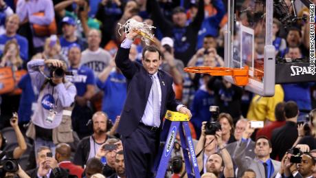 Krzyzewski cuts down the net after defeating the Wisconsin Badgers in the NCAA men&#39;s national championship game at Lucas Oil Stadium on April 6, 2015.