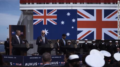 Australian prime minister Anthony Albanese US President Joe Biden and UK prime minister Rishi Sunak announce their nuclear submarine deal in San Diego, California on March 13, 2023