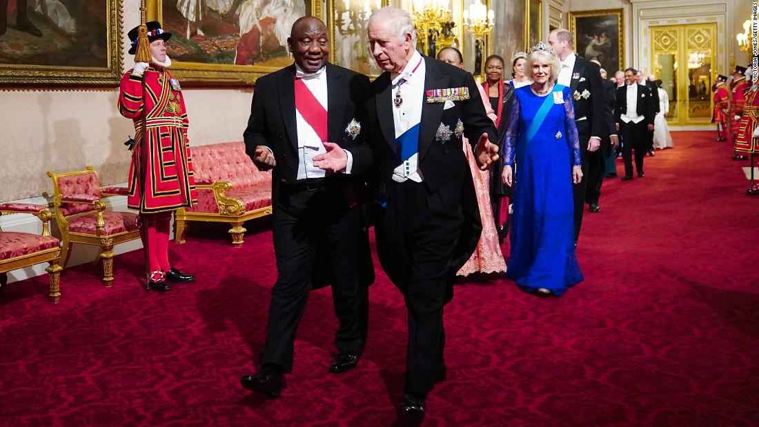 Charles talks with South African President Cyril Ramaphosa during a state banquet at Buckingham Palace in November 2022.