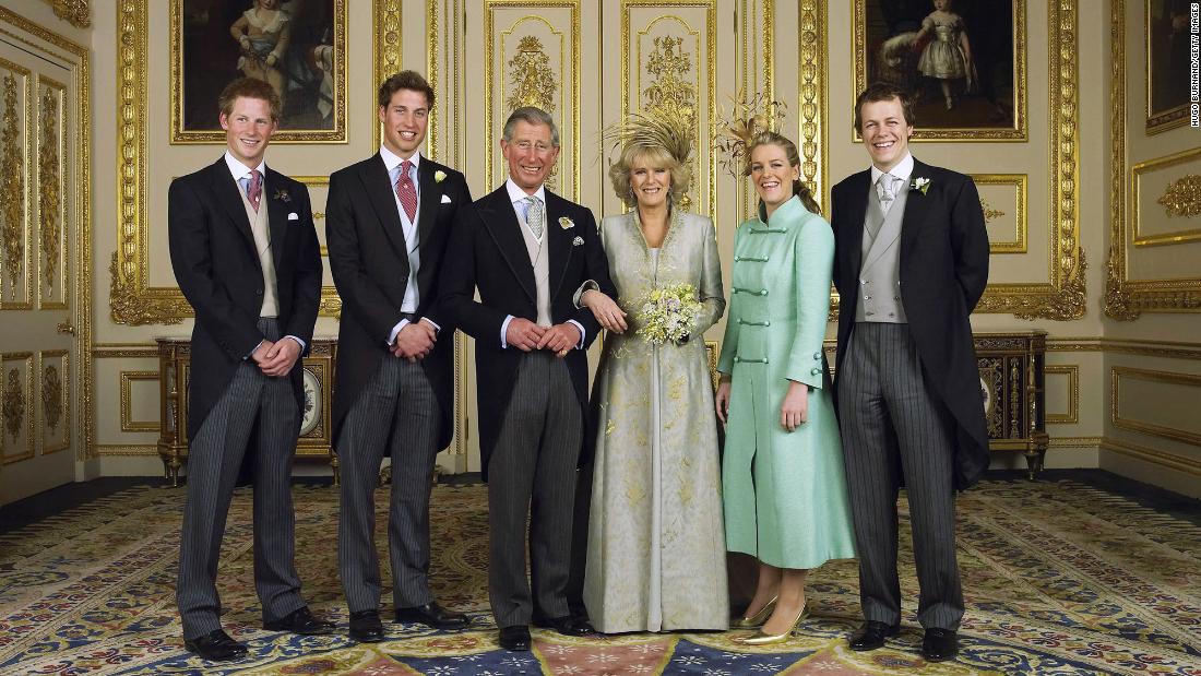 On the day of their wedding in April 2005, Charles and Camilla are joined by their children. On the left are Charles&#39; sons Prince Harry and Prince William. On the right are Camilla&#39;s children Laura and Tom Parker Bowles.