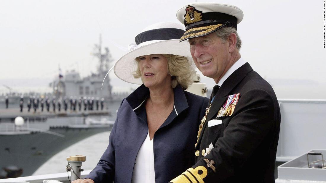 Charles and Camilla stand on the deck of HMS Scott in Portsmouth, England, in June 2005. It was the 200th anniversary of the Battle of Trafalgar.