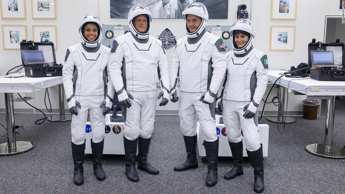 Astronauts participate in NASA&#39;s SpaceX Crew-4 dry dress rehearsal in the suit room inside Kennedy Space Center&#39;s Neil A. Armstrong Operations and Checkout Building on April 20, 2022. A team of SpaceX suit technicians assisted crew members as they put on their custom-fitted spacesuits and checked the suits for leaks. Pictured, from left, are Jessica Watkins, mission specialist; Bob Hines, pilot; Kjell Lindgren, commander; and Samantha Cristoforetti, mission specialist. 