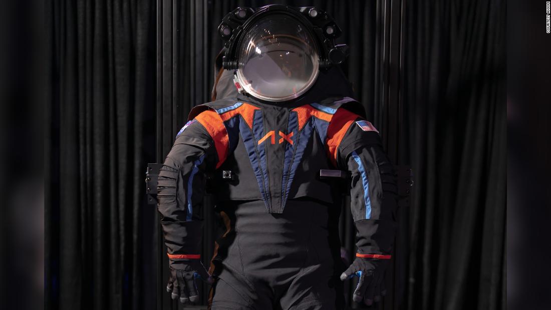 The AxEMU Spacesuit, developed by Axiom Space, builds on the technology NASA incorporated into its xEMU prototype. The AxEMU, shown here with a black cover, were unveiled during an event on March 15, 2023. The suits worn by astronauts during the Artemis III mission will be white.