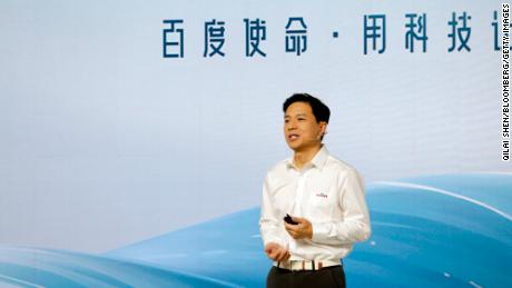 Baidu Chairman and CEO Robin Li presenting the company&#39;s AI chatbot, ERNIE Bot, in Beijing on March 16.