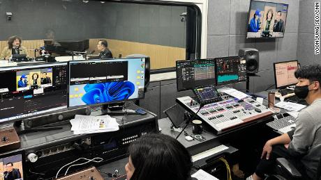 The production team of  &quot;Modesty is Nothing&quot; works on a live show in its Seoul studio on March 13, 2023.