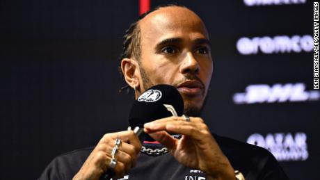 Lewis Hamilton speaks during a press conference at the Jeddah Corniche Circuit on March 16, 2023, ahead of the 2023 Saudi Arabia Grand Prix. 