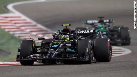 Hamilton of Great Britain drives on track during the Bahrain Grand Prix.