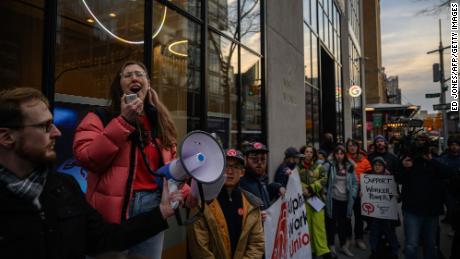 Members of the Alphabet Workers Union rallied outside Google&#39;s New York office in January following the layoffs. Hundreds of new employees have joined the union since the layoffs, an organizing member told CNN.