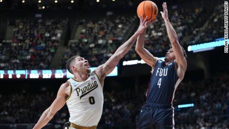 Grant Singleton, #4 of the Fairleigh Dickinson Knights, shoots over Mason Gillis, #0 of the Purdue Boilermakers, during the second half in the first round of the NCAA Men&#39;s Basketball Tournament at Nationwide Arena on Friday in Columbus, Ohio.