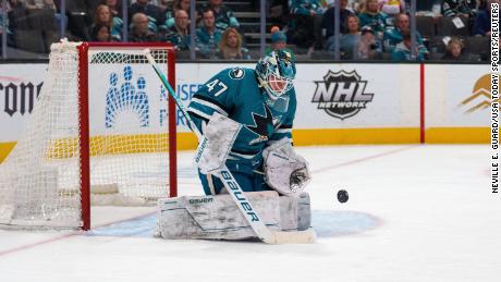 Reimer (47) makes a save against the Seattle Kraken during the first period at SAP Center at San Jose on March 16. 
