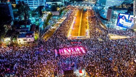 An aerial view shows people protesting in Tel Aviv on March 18.