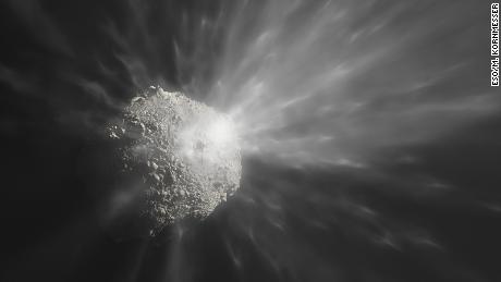 This artist&#39;s illustration shows the ejection of a cloud of debris after NASA&#39;s DART spacecraft collided with the asteroid Dimorphos. The image was created with the help of the close-up photographs of Dimorphos that the DRACO camera on the DART spacecraft took right before the impact. The DART spacecraft collided with Dimorphos at a speed of over 6 kilometres per second (about 22 000 kilometres per hour). After the impact several telescopes observed the evolution of the cloud of debris, including ESO&#39;s Very Large Telescope.