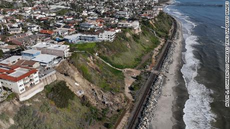 Four cliff-side, ocean-view apartment buildings were evacuated and red tagged after heavy rains brought on a landslide on Buena Vista in San Clemente, California, on March 16.