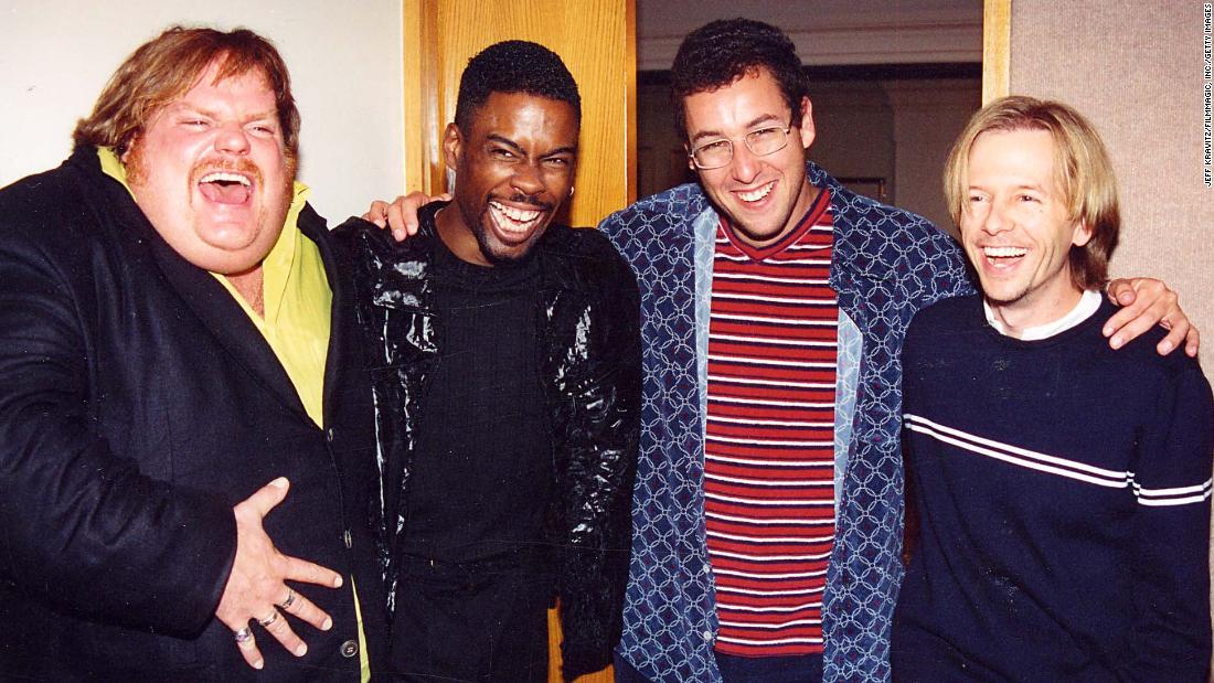 From left, Farley, Rock, Sandler and Spade pose for a photo in 1997.