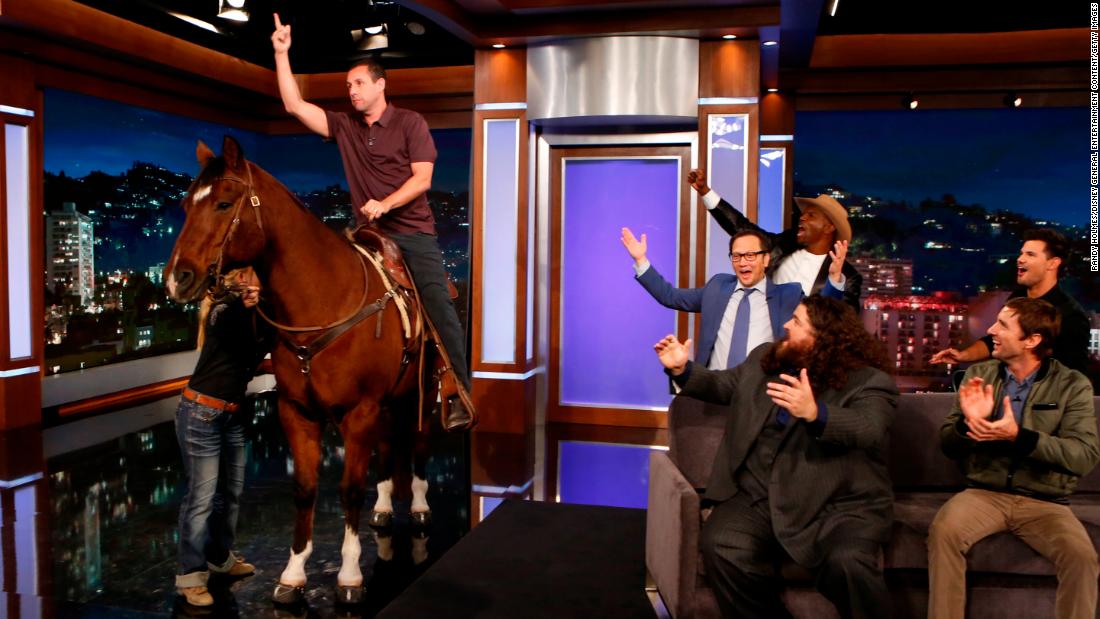Sandler mounts a horse while appearing on &quot;Jimmy Kimmel Live&quot; to promote his new Western comedy, &quot;The Ridiculous 6,&quot; in November 2015.