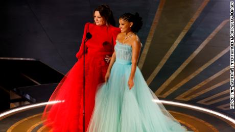 (From left) Melissa McCarthy and Halle Bailey, stars of Disney&#39;s new live-action &#39;The Little Mermaid,&#39; at the Oscars in Los Angeles in March. 