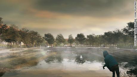 An artist&#39;s rendering of the flooded ball court. 