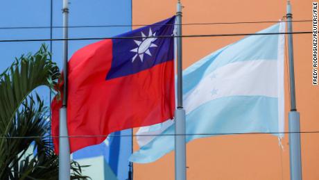 The flags of Taiwan and Honduras outside the Taiwan Embassy in Tegucigalpa, Honduras, on March 15, 2023.
