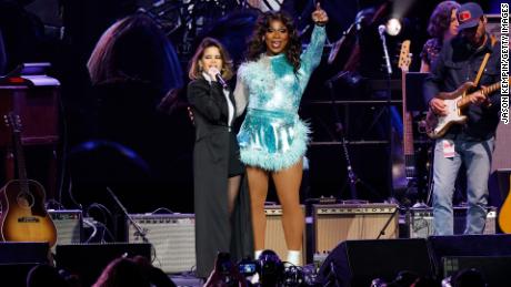 Maren Morris and Alexia Noelle Paris perform onstage during the Love Rising: Let Freedom Sing (and Dance) A Celebration Of Life, Liberty And The Pursuit Of Happiness show at Bridgestone Arena on March 20, 2023 in Nashville, Tennessee. 