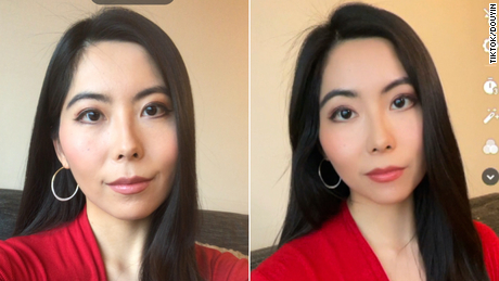 CNN&#39;s Selina Wang takes a photo using TikTok (left) and Douyin (right). Douyin applies an automatic beauty filter.