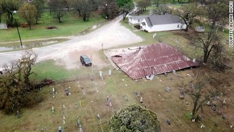 Drone footage shows the Poolville Tabernacle, a pavilion more than 100 years old, which wasdestroyed by a tornado in Poolville, Texas. 