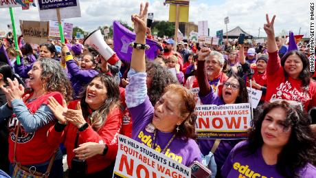 People rally Thursday in support of a school workers&#39; strike in Los Angeles.