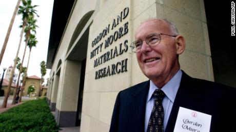 Intel Corp. founder and chairman emeritus, Gordon Moore, smiles as he tours during the dedication of the new Gordon and Betty Moore Material Research building at Stanford University on the Stanford, Calif., campus, Wednesday, Oct. 11, 2000. The three floor laboratory is for research in electrical engineering, material science, physics and chemistry. Betty is the wife of Gordon Moore.  (AP Photo/Paul Sakuma)