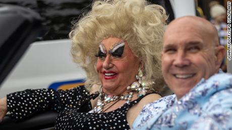 Darcelle XV, the world&#39;s oldest working drag queen, rides through the Portland Pride Parade in Portland, Oregon, on June 19, 2022.