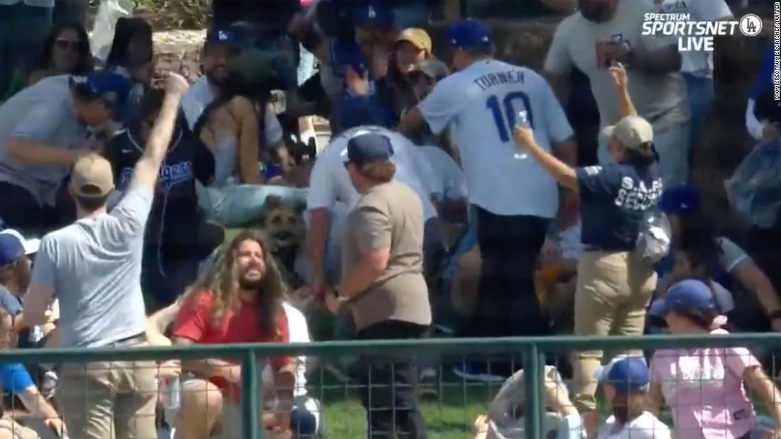 A dog steals the show after catching home run ball during spring training game