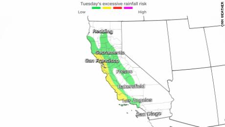 Excessive rainfall outlook for California on Tuesday showing a Level 2 out of 4 risk for over 8 million people along the coast. Nearly 33 million people are at a Level 1 out of 4 risk as well.