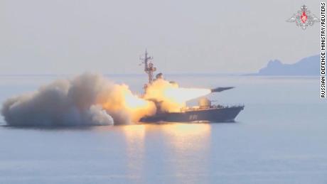 A still image from video, released by Russia&#39;s Defence Ministry, shows what it said to be a missile ship of Russia&#39;s Pacific Fleet firing a Moskit cruise missile at a mock enemy sea target in the waters of the Sea of Japan, in this still image taken from video released March 28, 2023. Russian Defence Ministry/Handout via REUTERS ATTENTION EDITORS - THIS IMAGE WAS PROVIDED BY A THIRD PARTY. NO RESALES. NO ARCHIVES. MANDATORY CREDIT. WATERMARK FROM SOURCE.