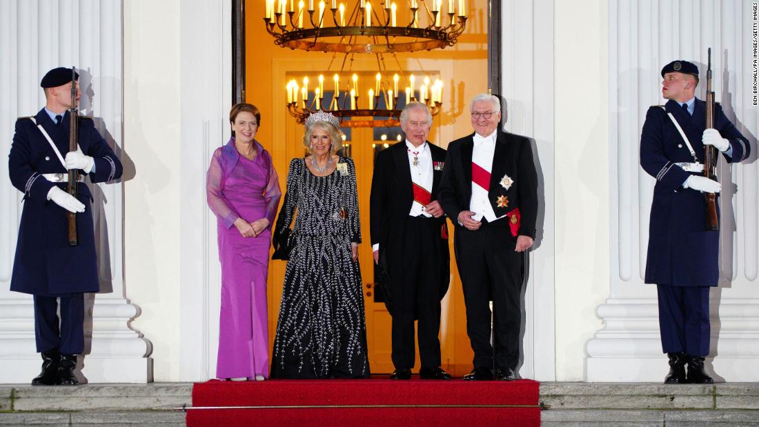 The King and Camilla, the Queen Consort, are flanked by Steinmeier and his wife, Elke Budenbender, at the state banquet on Wednesday.