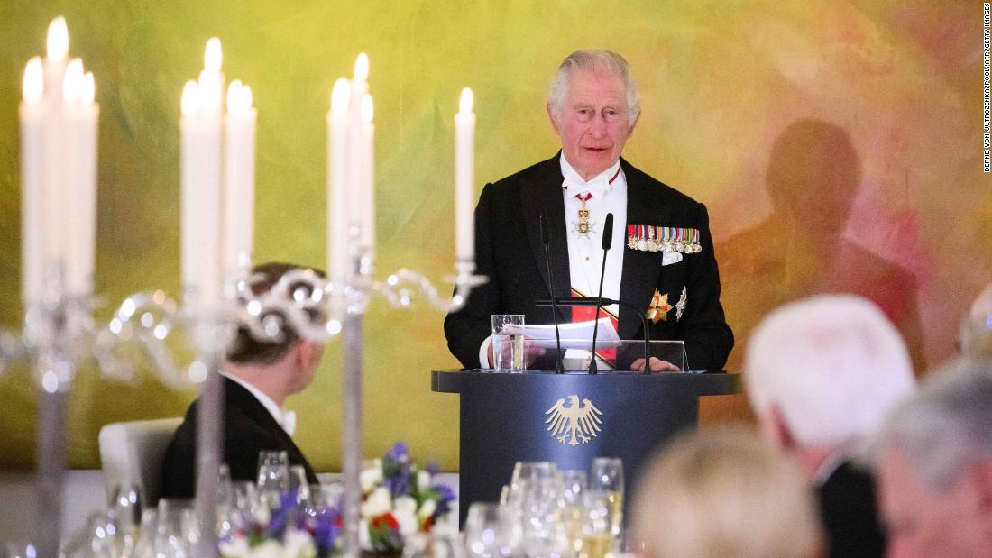 The King speaks to guests at a state banquet that was held at the Bellevue Palace in Berlin on Wednesday.