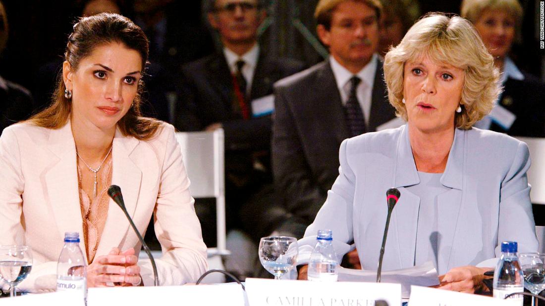 Camilla and Jordan&#39;s Queen Rania attend an International Osteoporosis Foundation Conference in Lisbon, Portugal, in May 2002.