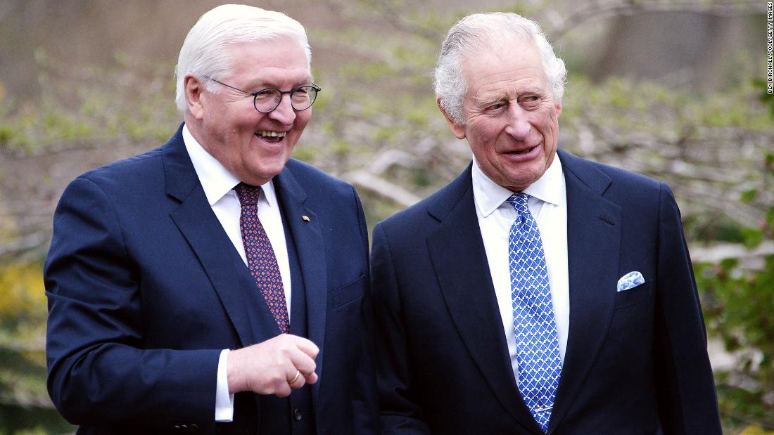 The King walks with Steinmeier after planting a tree at Bellevue Palace.
